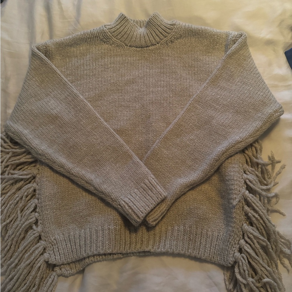 Zara Taupe Turtleneck Sweater with Fringe